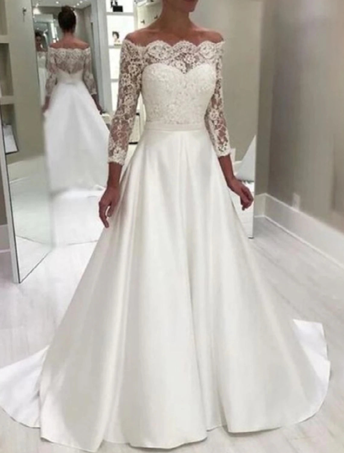 Wholesa Engagement Formal Wedding Dresses Ball Gown Off Shoulder Long Sleeve Court Train Satin Bridal Gowns With Beading Appliques